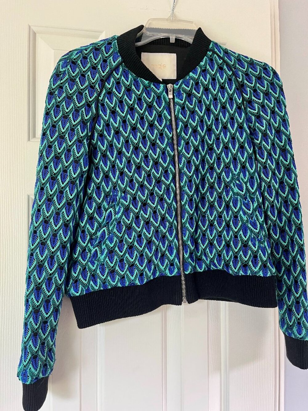 Maje Paris — Teal & Cobalt Crochet Lace Zip Bomber Jacket (US 2)